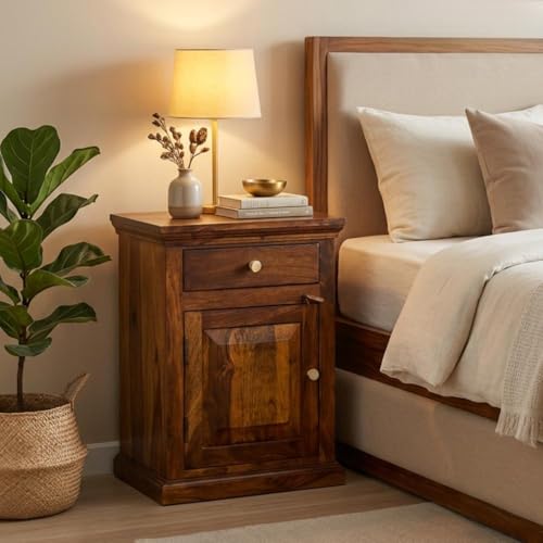Image of Solid Sheesham Wood Nitya Bedside Table with Drawer and Door Storage for Bedroom | Wooden Nightstand Side Table for Living Room Home and Hotels | Honey Finish