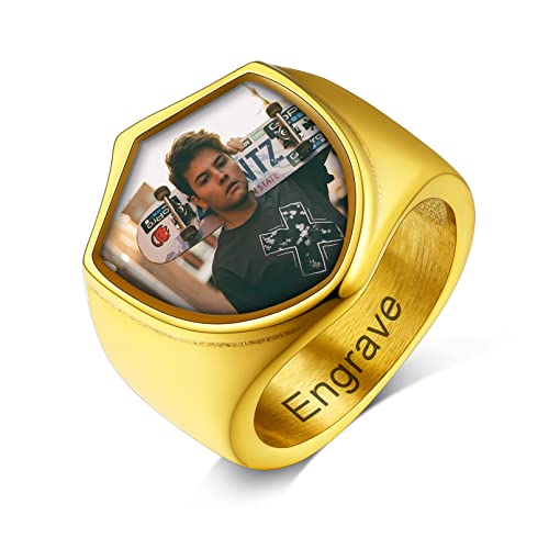Custom4U Personalized Rings with Pictures Inside Custom Photo Ring Name Engraving Stainless Steel Signet Ring/Heart Ring Size 7-14 Customized Memorial Jewelry for Men Women (Gift Box) K-Shie