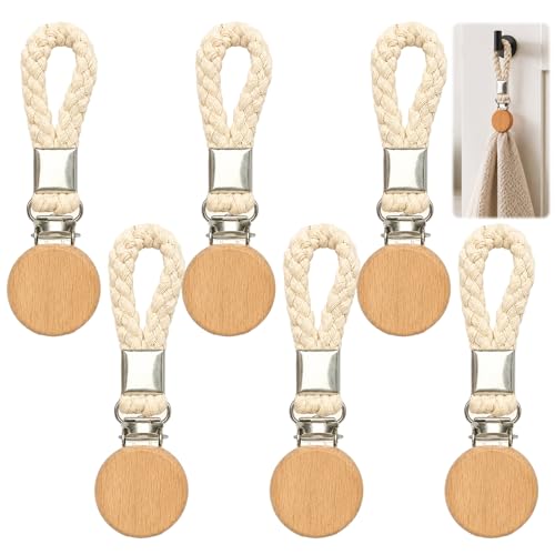 Kdkoeo 6 Pack Towel Clips for Hanging, Wooden and Braided Kitchen Towel Holders