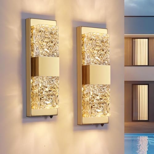 Image of 14.2 inch Exterior Lighting Fixtures, Dusk to Dawn, Gold, 2 Pack | Hardwired IP65 Outdoor Wall Lights,Ripple Crystal Glass, Modern Photocells Auto On /Off for Porch Porch Patio Backyard