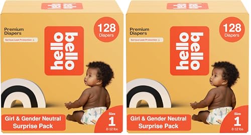 Image of Hello Bello Premium Diapers, Size 1 (8-12 lbs) Surprise Pack for Girls - 128 Count, Hypoallergenic with Soft, Cloth-Like Feel - Assorted Girl & Gender Neutral Patterns (Pack of 2)