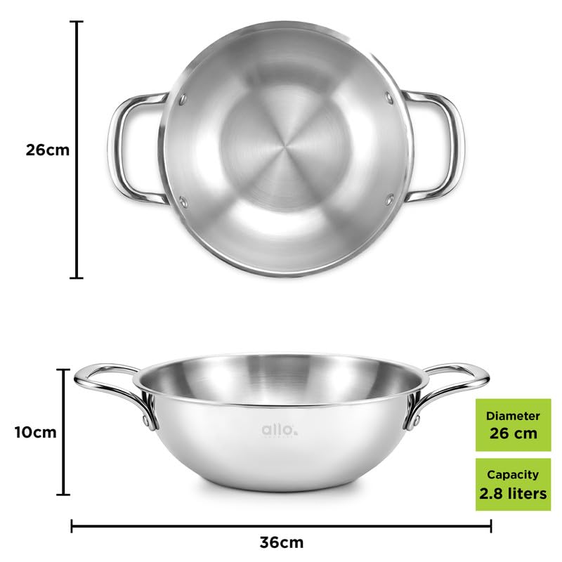 Image of Allo Triply Stainless Steel Kadhai with Handles|Perfect Kadhai for Curry /Stir-Fry /Deep-Fry /DryVeg /Saute Induction Friendly Naturally Non-Stick | 10 Years Warranty, Without lid