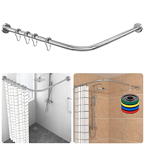 Strength Enemy L Shaped Shower Curtain Rod Adjustable, [27-39 × 43-67 Inches], Curved Curtain Rod Expandable 304 Stainless Metal with 18 Rings, Drill Free Install, for Bathroom/Bathtub/Private space by Strength Enemy - Used condition - CA$29.82