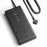 6Ft Extension Cord with Multiple Outlets, Flat Plug Power Strip with 2100J Surge Protector, 13 Outlets, 2 USB A, 2 USB C, Desk USB Charging Station, Home Office, College Dorm Room Essentials, Black