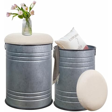 G-LEAF Metal Barrel Ottoman Storage Stool Set of 2, Rustic Accent Side Table with Round Upholstered Lid, Antique Galvanized Farmhouse End Table for Living Room Bedroom Office, Grey Cover