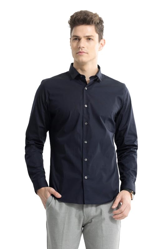 Image of SNITCH Men's Plain Shirts | Formal Wear Streetwear Style | Cotton Spread Full Sleeve Slim Fit Navy