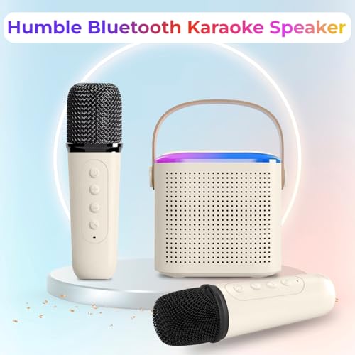Image of Humble Kroko Series Mini Bluetooth Wireless Karaoke Speaker with 2 Mics, 8Hrs Playtime, RGB Lights (BT 5.3 /TF Card), Voice Effects, Multi-Play Modes,Type-C Charging for Kids & Home Parties - Cream