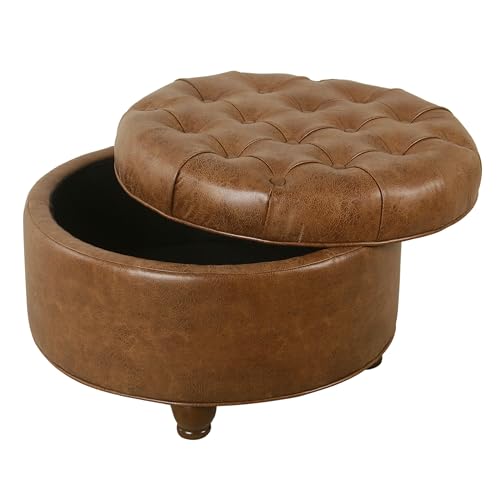 Image of HomePop 25 inch Button Tufted Round Storage Ottoman - Brown Faux Leather