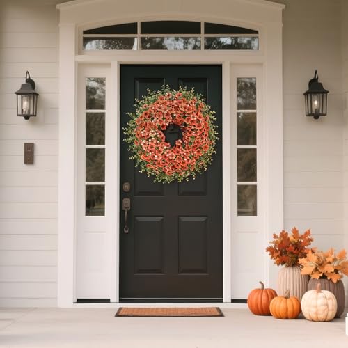 Image of 26 inch Large Artificial Silk Flower Eucalyptus Wreath for Outdoor(Fall Orange) | Large Silk Wreath, Faux Starry Sky Morning Glory Flowers&Eucalyptus Leaves, for Porch /Wall /Window /Farmhouse /Autumn Decoration