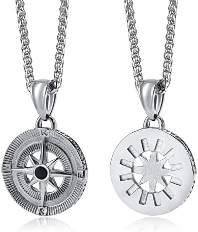 TempBeau Men Necklace Navigator Compass Pendant North Star Stainless Steel Necklaces Black Silver Gold Jewelry Gift for Father Son Boy Friend Husband