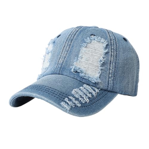 Denim Hats for Women Vintage Washed Distressed Ripped Jean Hat Adjustable Baseball Cap Trucker Unisex Headwear (Blue, ONE Size)