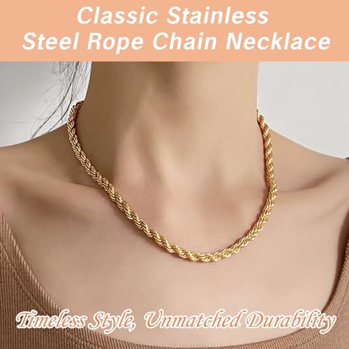 Gold Chain - 18K Gold Plated Stainless Steel Hollow Twist Rope Chains - Ion Plated Necklace for Men & Women - 16 to 18 Inches - Men's Style (3mm)3