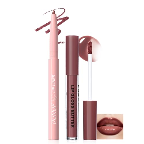 Prreal 2PCS Brown Lip Liner and Butter Lip Gloss Set,Matte Lip Liner with Moisturizing Lip Gloss Oil, Plumping Long Lasting Waterproof Smooth Silky Lip Kit,03