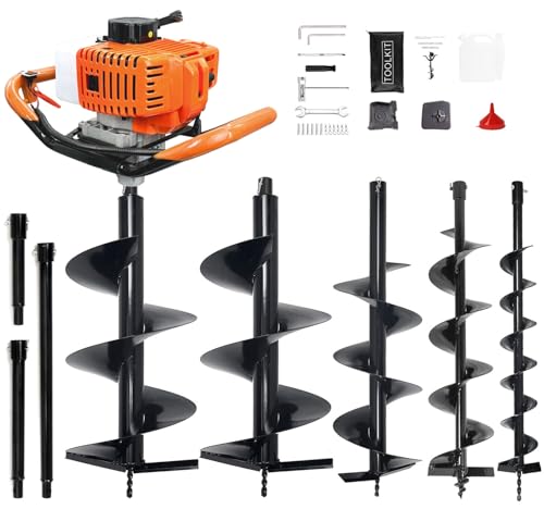 XJADQW 62CC 2-Stroke Gas Powered Post Hole Digger with 4 & 6 & 8 & 12 Auger Bits + 8 & 12 & 20 Extension Rod Heavy Duty Earth Auger for Farm Garden Landscaping Construction