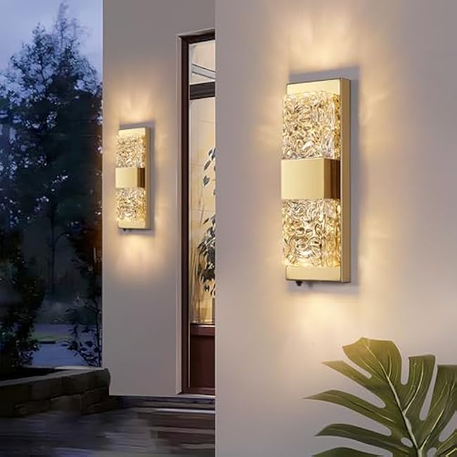 Dusk to Dawn Outdoor Lighting Fixture Wall Mounted - 14.2'' Waterproof Wall Sconce with 12W LED Bulbs Crystal Modern Outside Wall Lamp for Hallway Doorway Porch Patio Backyard, Gold, 2PCS