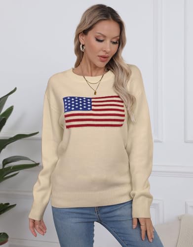 Image of Alsol Lamesa Women's American Flag Graphic Long Sleeve Pullover Sweaters Crew Neck Casual Knit Top 2024, Large, 971 Apricot