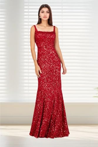 ALEESHUO Women's Sparkly Sequin Mermaid Prom Dresses Long Spaghetti Straps Bodycon Formal Evening Party Gowns4