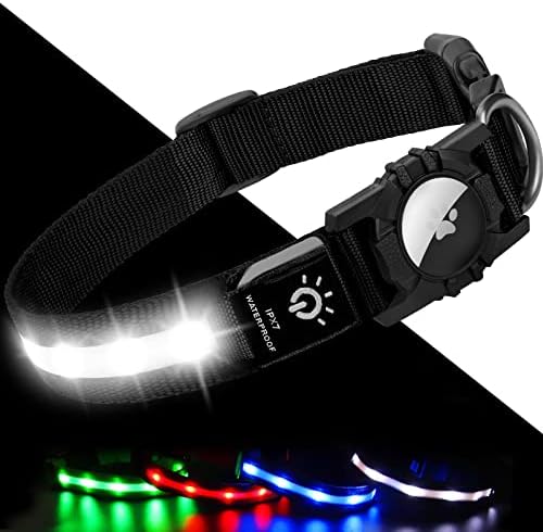 Joytale Light Up Dog Collar[100% IPX7 Waterproof], LED Flashing Airtag Pet Collars for Dark Night Walking, USB C Rechargeable Glow Nylon Collar with Air Tag Holder for Medium Dogs, Black