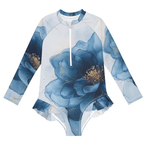 ALAZA Swimsuit for Girls Long Sleeve Rashguard Bathing Suit Blue Watercolor Lotus Quick Dry 4T