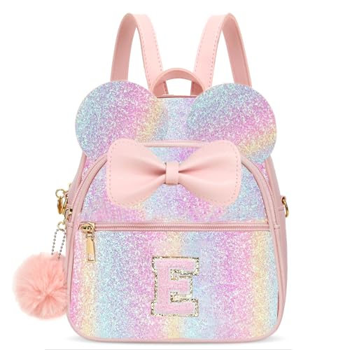 PRLINJSK Mini mochila com inicial para meninas e crianças, pequeno mouse personalizado bolsa com laço para presente, Glitter Pink E, Small, Mochilas de viagem