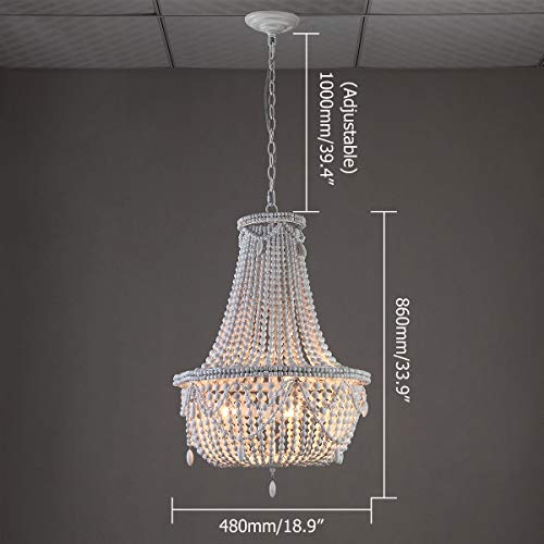 KunMai Farmhouse Distressed Wood Beaded Basket Chandelier White Pendant Three Lights Vintage Bedroom Bead Chandeliers - Image 6