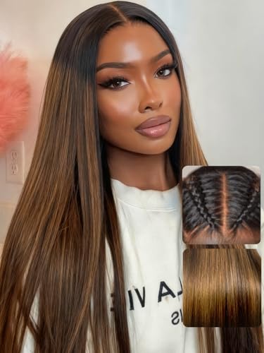 UNICE Balayage Brown Highlight 13x4 Lace Front Drawstring Wig Human Hair Yaki Straight Pre Everything Glueless Wigs Pre Plucked Pre Cut Bleached Knots Put On & Go 150% Density 24inch