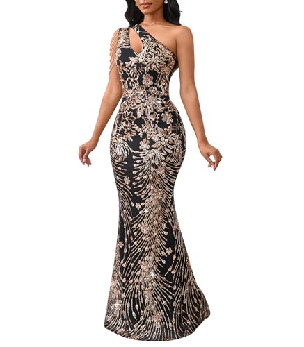 Cololura Women Sequin Elegant Sexy One Shoulder Tassel Oblique Collar Mermaid Bodycon Cocktail Evening Dress