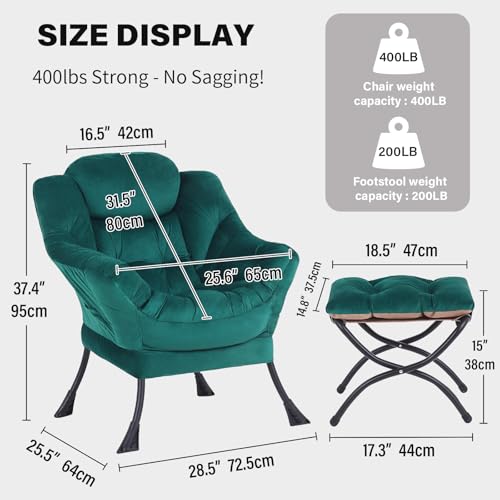 Image of Tiita Lazy Chair with Ottoman, Green Modern Large Accent Chair, Comfy Leisure Sofa Armchair with Ottoman, Reading Chair with Footrest for Bedroom, Living Room, Dorm Rooms, Velvet Green