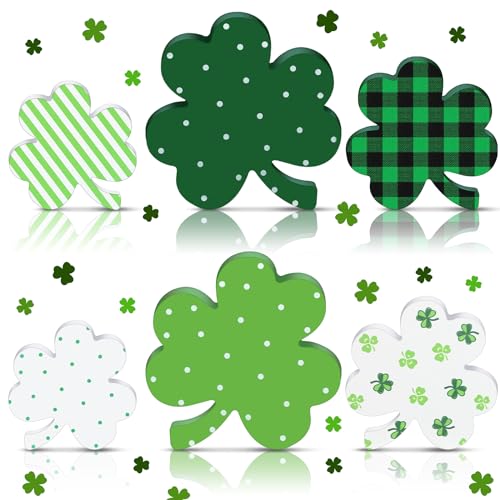 Wenqik 6 Pcs St. Patrick's Day Wooden Signs Irish Clover Shamrock Wooden Table Centerpiece Ornaments Decoration Green Farmhouse Wood St Patricks Day Tiered Tray Decor for Holiday Fireplace Home
