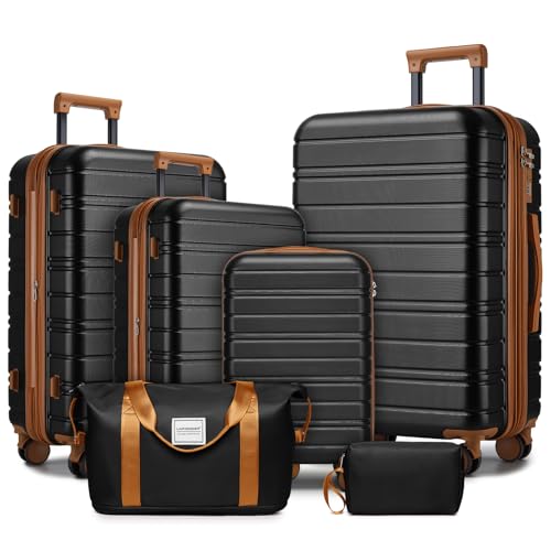 Image of LARVENDER Luggage Sets 6 Piece, Expandable Suitcases with Wheels | Suitcase Set for Women and Men|Checked Luggage|Carry On Luggage|Hardside Lightweight|Black