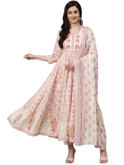 Image of Mizaz Women Printed Embroidered Cotton Round Neck 3 /4 Sleeve Ankle Length Flared Kurta Pant And Dupatta Set (MZ1038OFFWHITE P)