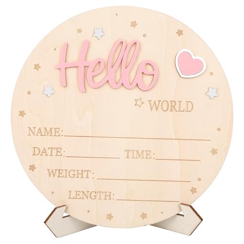 Baby Announcement Sign, Wooden Hello World Newborn Signs Cute Welcome Baby Name Board for Boys Girls Hospital Nursery Decor Photo Props