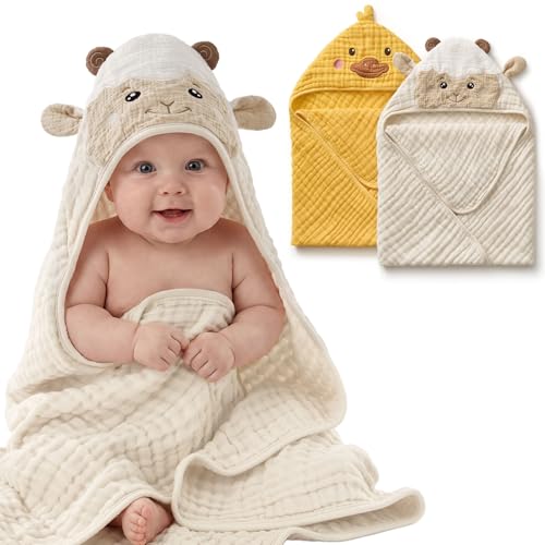 Image of Blissful Diary Muslin Baby Hooded Towel 2 Pack, Soft & Absorbent Bath Towel for Infant, Toddler, Unisex, Baby Gift, Newborn Essentials, Sunny Duck & Gentle Lamb