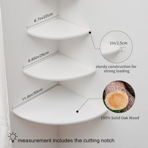 Image of Corner Shelves, Floating Corner Shelf, Set of 3 Solid Oak Wood Corner Wall Shelves, Round End with Wire Hole Shelving for Small Plant for Bedroom Kitchen, Living Room (Size 9 /10 /12in)