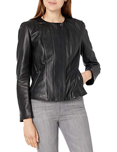 Cole Haan Women's Leather Feminine Racer Jacket, Black, Large