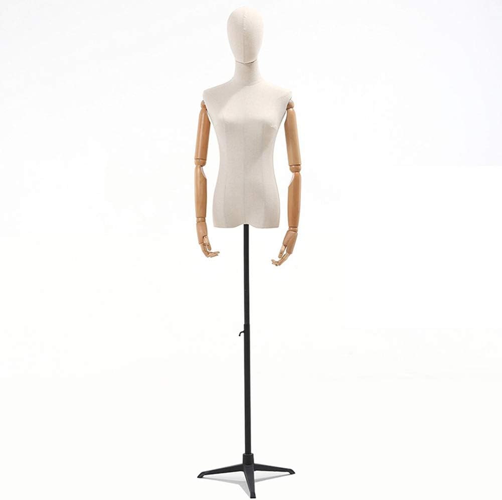 Female Dress Form Pinnable Mannequin Body Torso with Head & Black Metal Tripod Base Stand, for Women's Clothing Dress Display (with Natural Arms M)