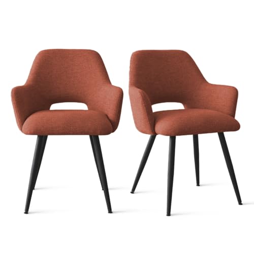 Image of Finch Fox Motel Luxurious Home Collection Upholstery Fabric Arm Dining Room Chairs in Rust Color with Black Metal Powder Coated Legs (Set of 2)