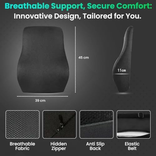 Image of Back Support Cushion for Office Chair & Car | Premium Memory Foam Lumbar Support | 2 Year Warranty | Back Pain Relief, Posture Correction & Adjustable Strap | Breathable Mesh Cover | Made in India