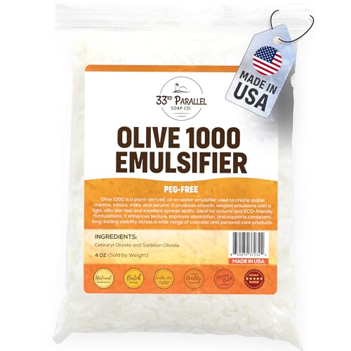 33RD PARALLEL SOAP CO. Olive 1000 Emulsifier (4oz) Natural PEG-Free Emulsifying Wax for Lotion Cream & Conditioner Olive-Derived O/W Emulsifier for DIY Skincare & Haircare | 4 OUNCES
