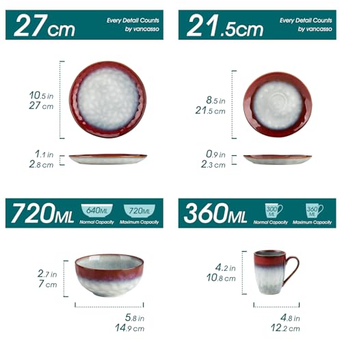 Image of vancasso Starry 16 Pieces Dinnerware Set for 4, Handmade Reactive Glaze Stoneware Plates and Bowls Set, Dishes Set with Mugs for 4, Microwave & Dishwasher Safe, Red
