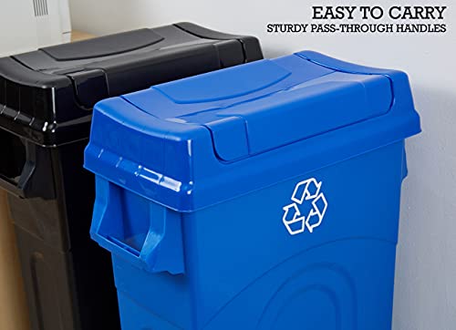 Image of United Solutions 23 Gallon Highboy Plastic Recycling Bin Kitchen Trash Can with Lid, Pass Through Handles, and Dustpan Edge, Blue