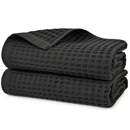 Jacquotha Waffle Bath Towels 2-Piece (Dark Grey) - Cotton, Soft, Quick Dry, 31” x 62” Large Bath Towel for Bathroom, Shower, Spa