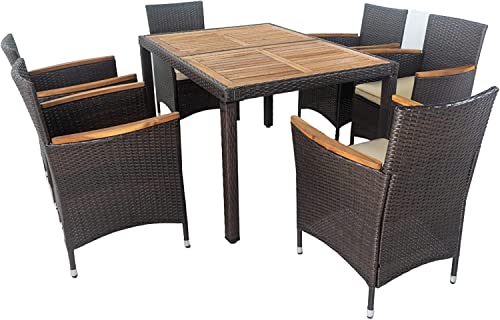 Dnyn 7 Pieces Patio Dining Table Sets,Outdoor Furniture Pe Wicker Rattan Chairs With Acacia Wood Tabletop & Cushioned Seating For Poolside, Backyard, Brown #TOP1