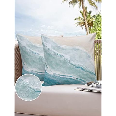 LOVE HOME DAY Watercolor Blue White Wave Ripple Ocean Beach Outdoor Pillow Covers Set of 2,Decorative Waterproof Throw Pillow Case, Coastal Landscape Cotton Linen Soft Cozy Cushion Pillowcases Cover