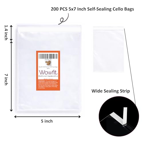 Image of Wowfit 200 CT 5x7 Clear OPP Plastic Bags, Re-Sealable Self-Sealing Cello Bags Great for Cookies, Decorative Wrappers, Party Favors, Candy and More (5' x 7')