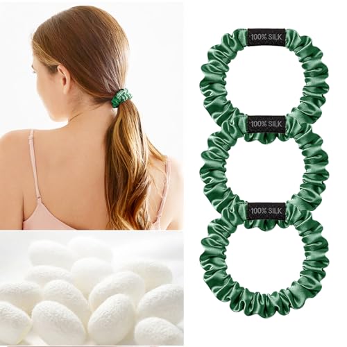Image of THXSILK 100% Mulberry Silk Scrunchies 3-Pack, 25 Momme Mulberry Silk Hair Ties for Women, Sleek Low Profile No Damage Ponytail Holders, for Fine Hair & Everyday Use, Emerald Green
