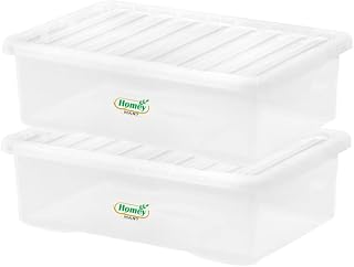2 x 32L Plastic Storage Boxes Crystal Clear Box & Lid Large Home Office Stackable Nestable Under bed Boxes