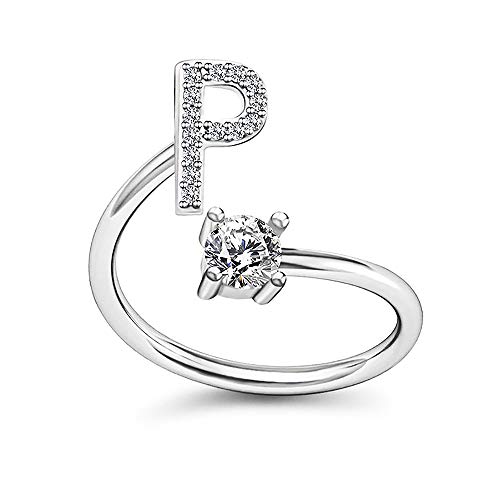 Image of HUJUON Silver Initial Letter Ring for Women. Adjustable Crystal Alphabet Ring,Name Initials Stackable Knuckle Rings A-Z CZ Open Ring
