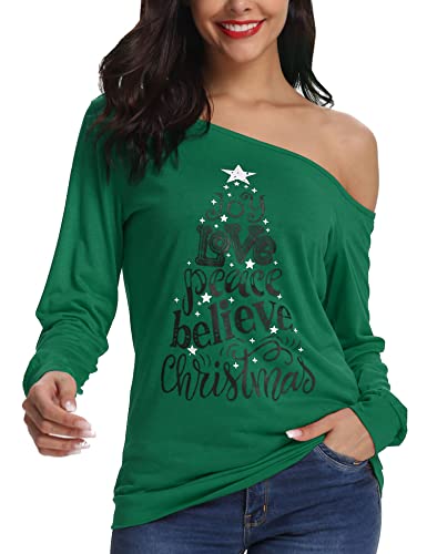 Festive Christmas Tees Women Off Shoulder Long Sleeve 16 christmas tees - green