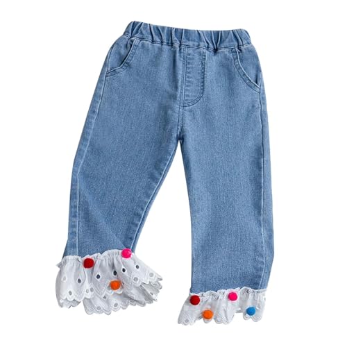 Baby Girl Lace Ruffle Straight Jeans Elastic Waist Wide Leg Denim Pants Cute Casual Solid Toddler Trousers Y2k Baggy Trousers